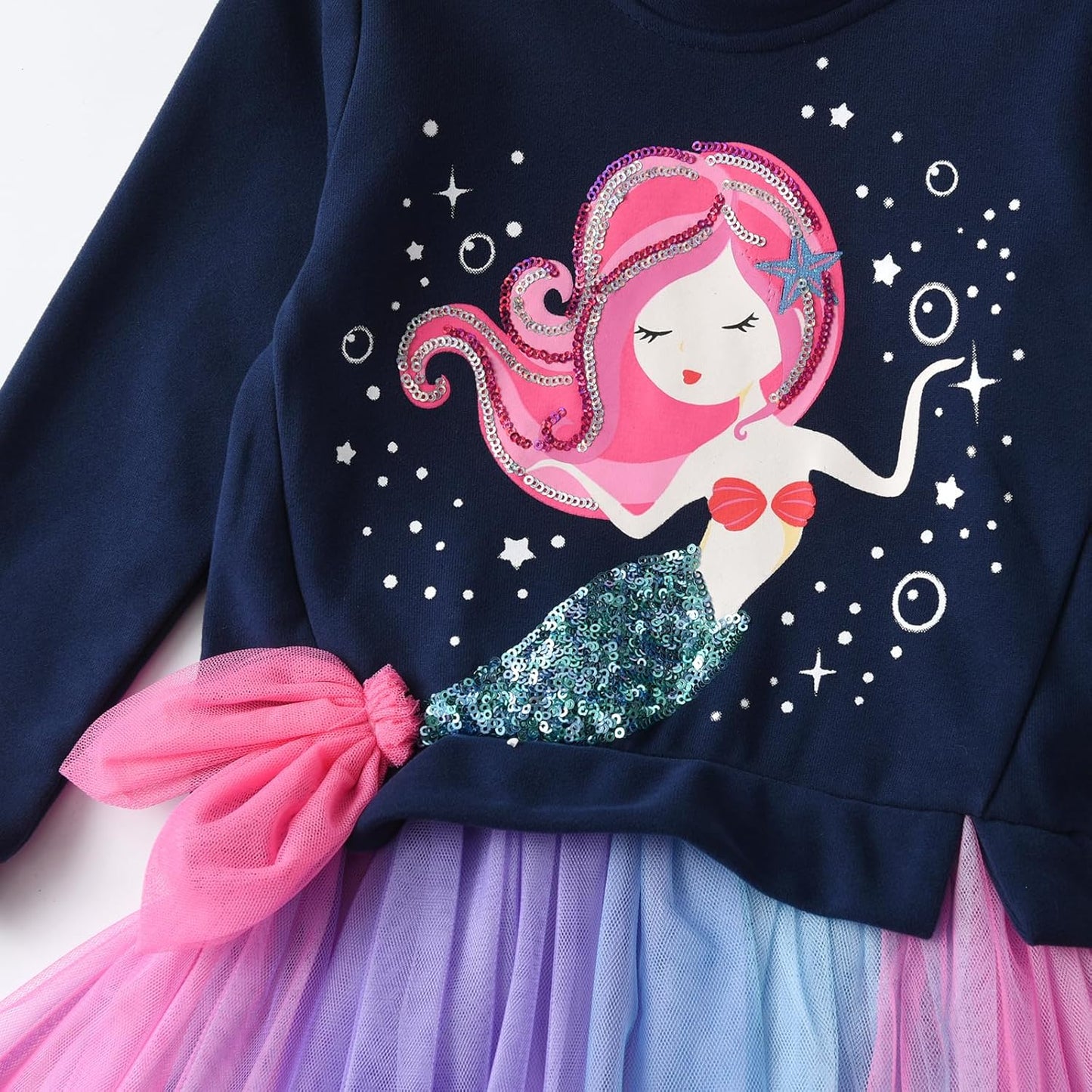 Vikita vestido azul manga larga sirena con tutú multicolor - Talla 5/6