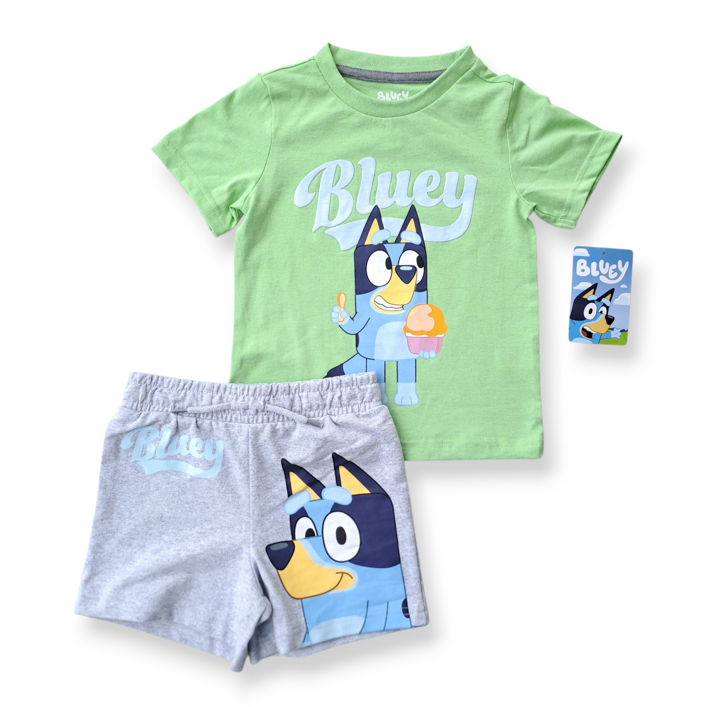 Bluey conjunto short gris camiseta verde - Talla 3T